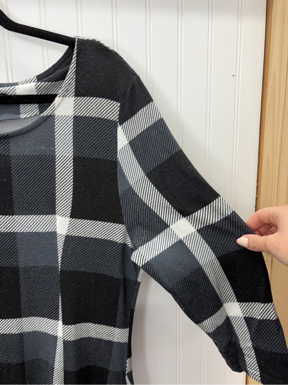 Reborn Black & Gray Plaid long sleeve Maxi stretchy Dress - Picture 3 of 7